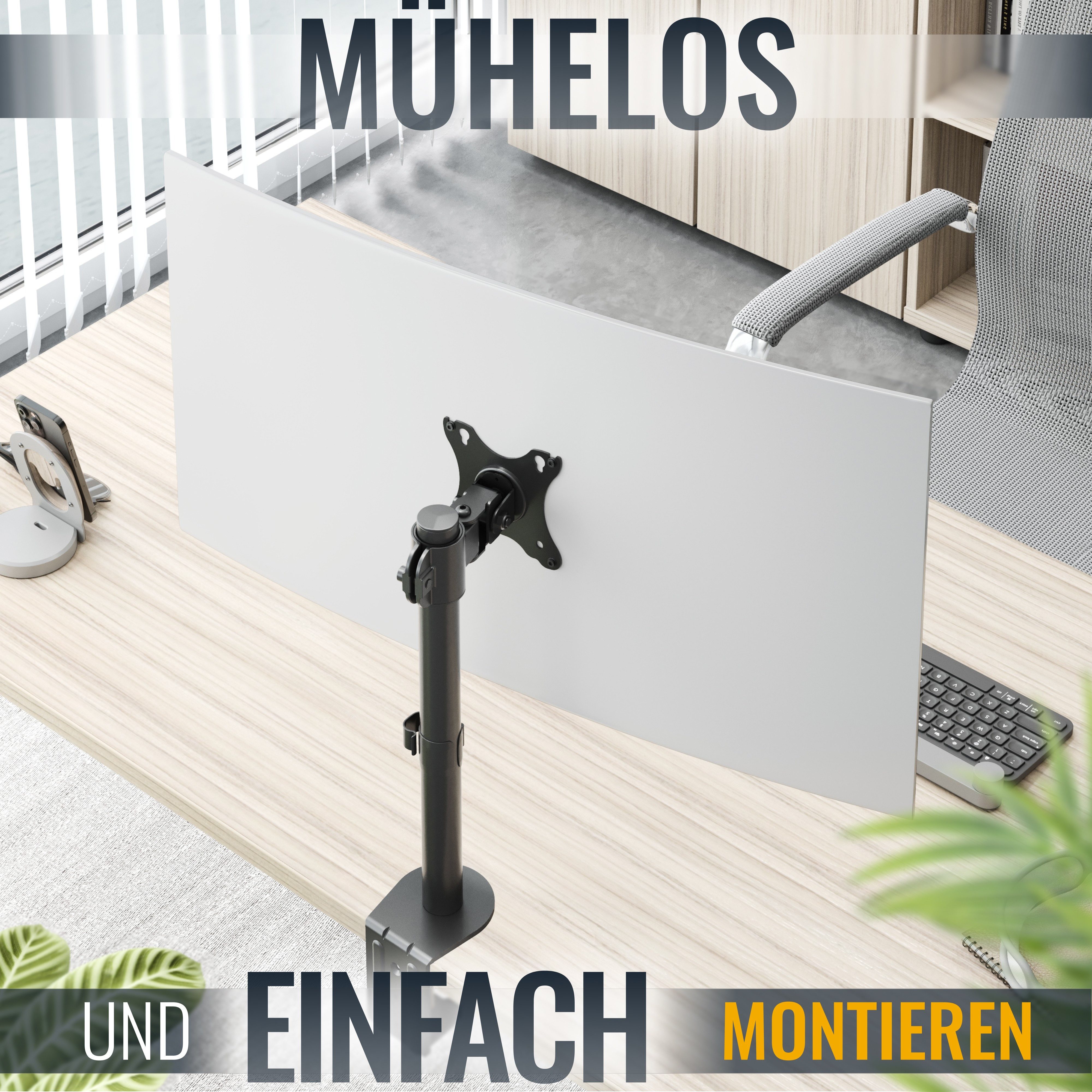 RICOO Monitor-Halterung Monitor Tischhalterung mit Schwenk- und Neigefunktion TS3411, (bis 32 Zoll, VESA 75x75 und 100x100, 1-tlg., 8 kg Belastbarkeit, von 43-81 cm (17"-32) Bildschirm-Diagonale, neigbar +/-30°, schwenkbar bis 180°, drehbar bis 360)