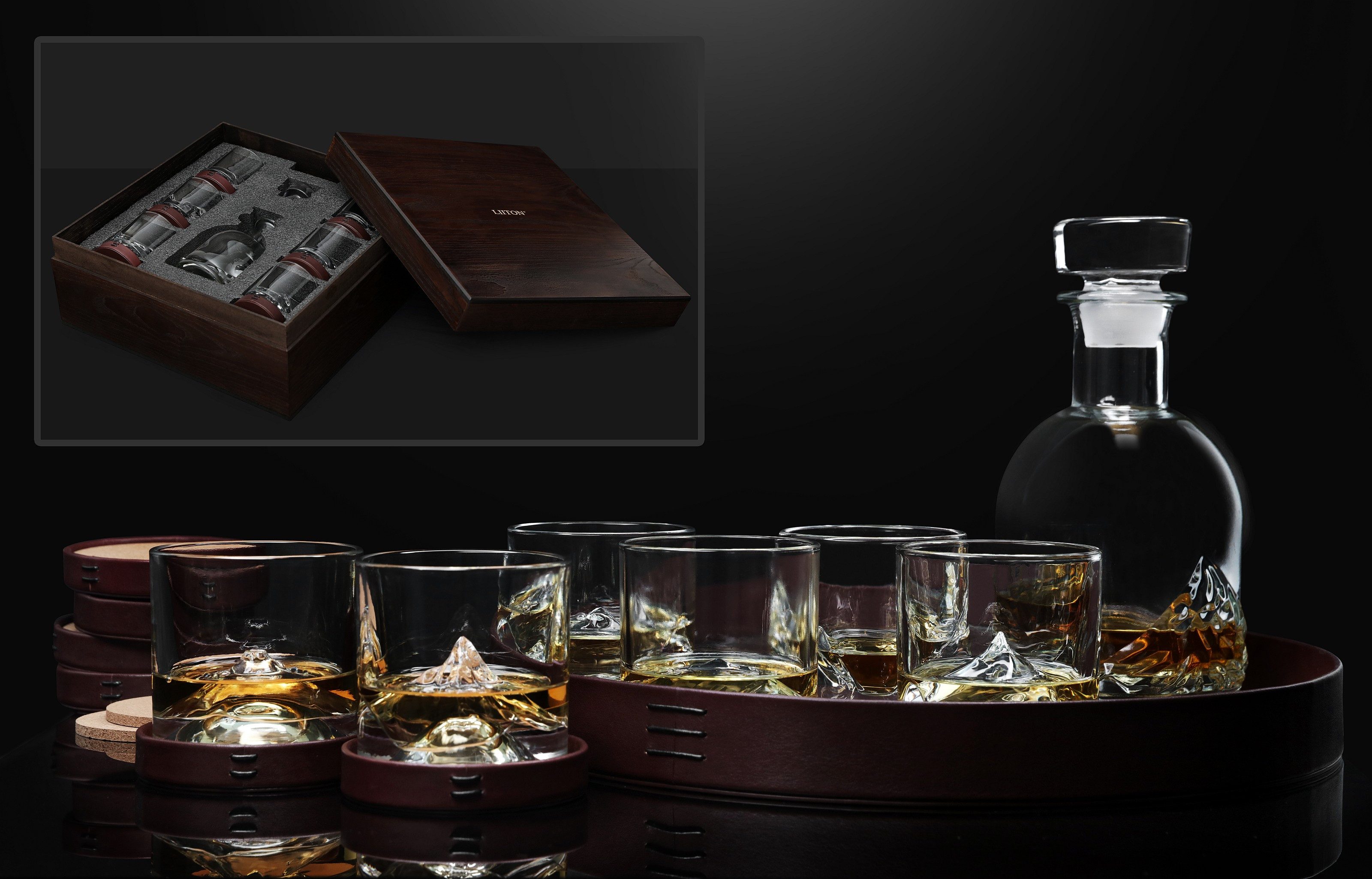 LIITON Gläser-Set LIITON Whisky Gläser Whiskeygläser mit Dekanter Luxus-Set 15-tlg, Material: Glas, Leder