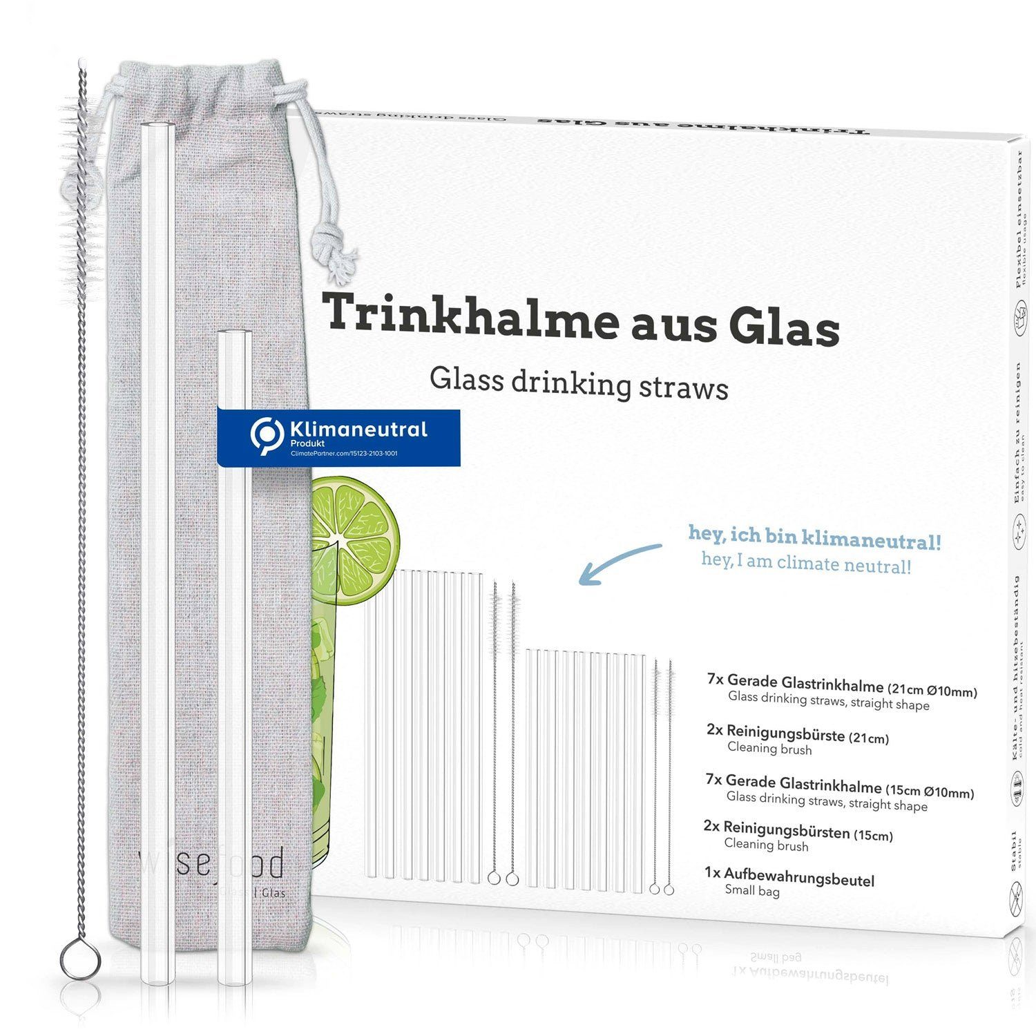 wisefood Trinkhalme Glas Trinkhalm Set: 14 Halme + 4 Bürsten, (1-tlg)