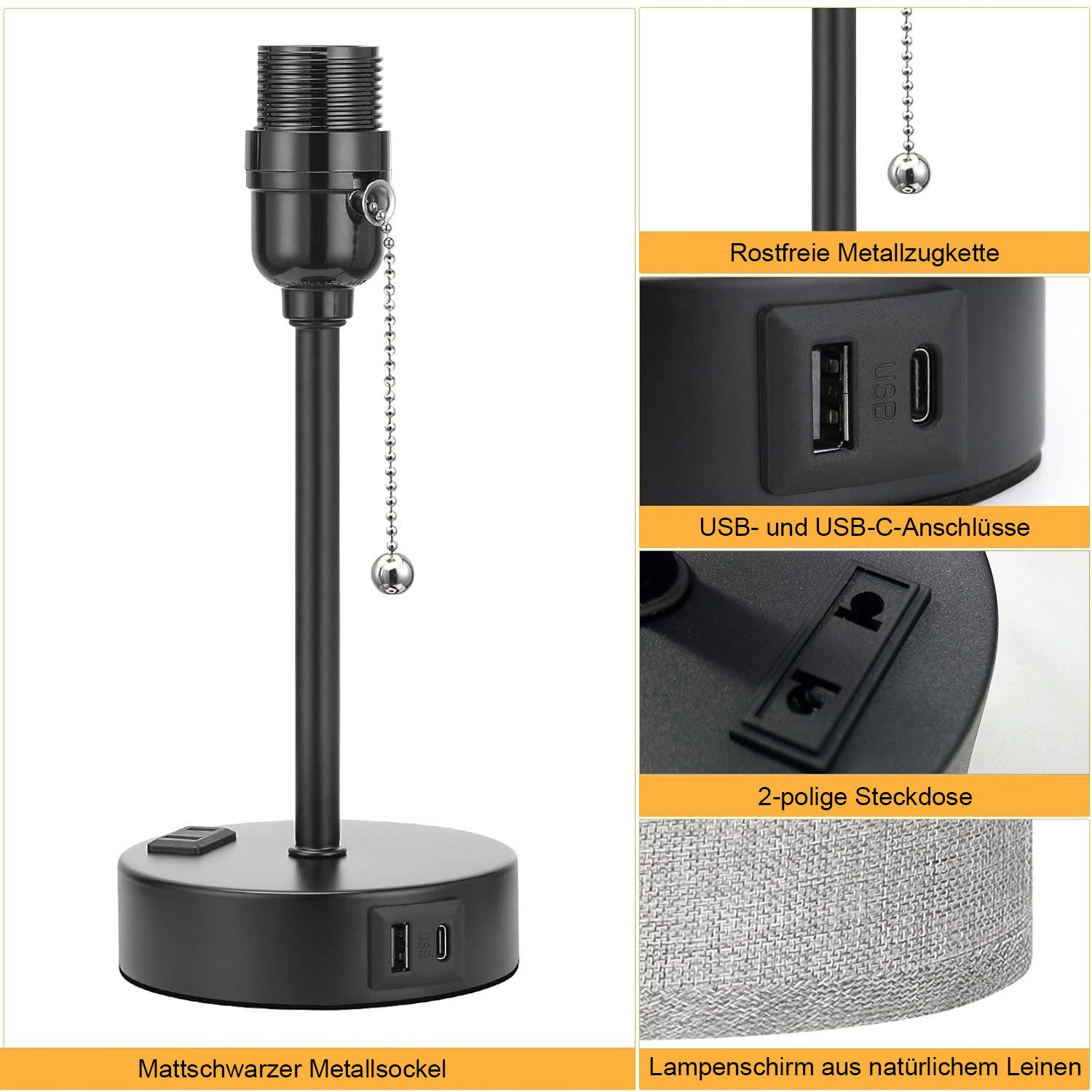 Lapalife Nachttischlampe 3 Farbtemperaturen Tischlampe mit USB A und C, Reißverschlussschalter, Mit LED Birne Kleine Lampen für Nachttisch Wohnzimmer Schlafzimm – Bild 3 von 5