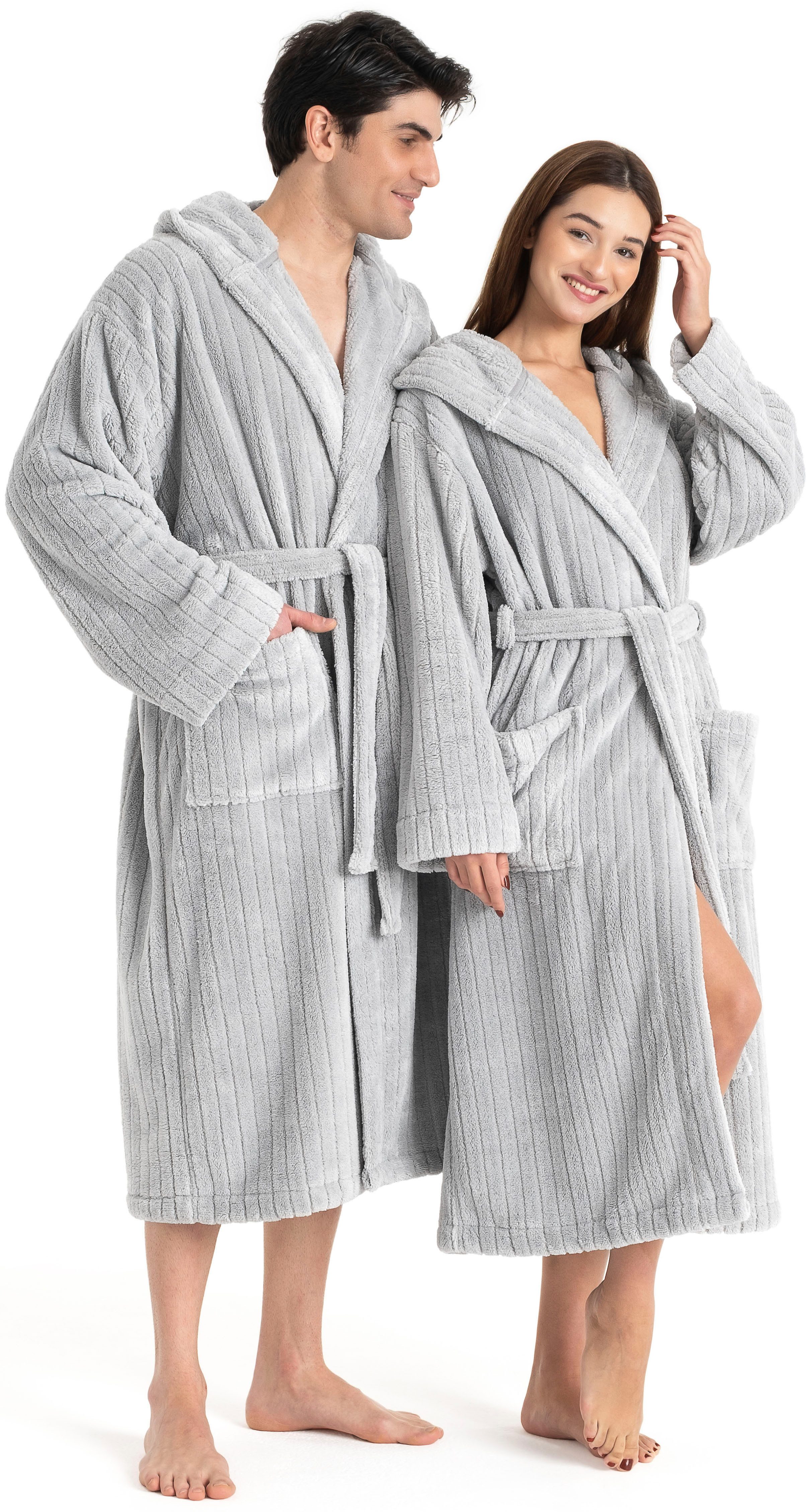 LeGer Home by Lena Gercke Unisex-Bademantel Lovina gestreift, ideal für Sauna & Spa, Hotelbademantel, Morgenmantel, Langform, Microfaser, Kapuze, Gürtel, Hoch-Tief, kuschelig weicher Fleece, plüsch, Damen und Herren, XS-3XL