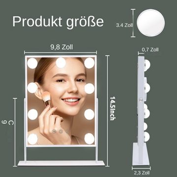 yozhiqu LED-Lichtspiegel Schminkspiegel mit Lichtern, beleuchteter Kosmetikspiegel mit 9 LED (1-St), mit Lichtern, 360-Grad-Drehung,Tischspiegel mit 10-facher Vergrößerung