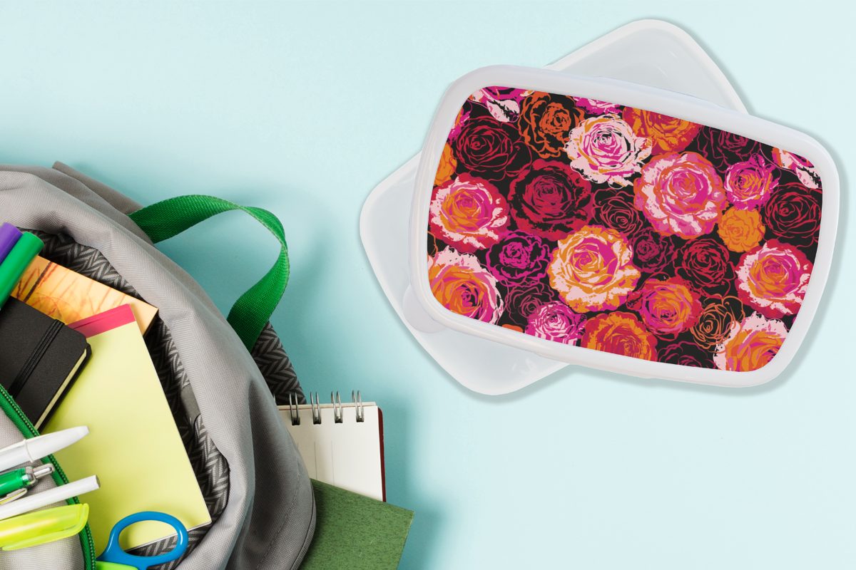 und für Erwachsene, Kinder Brotdose, (2-tlg), Blumen, Brotbox Lunchbox Muster weiß für und - Mädchen Rosen Jungs - MuchoWow Kunststoff,