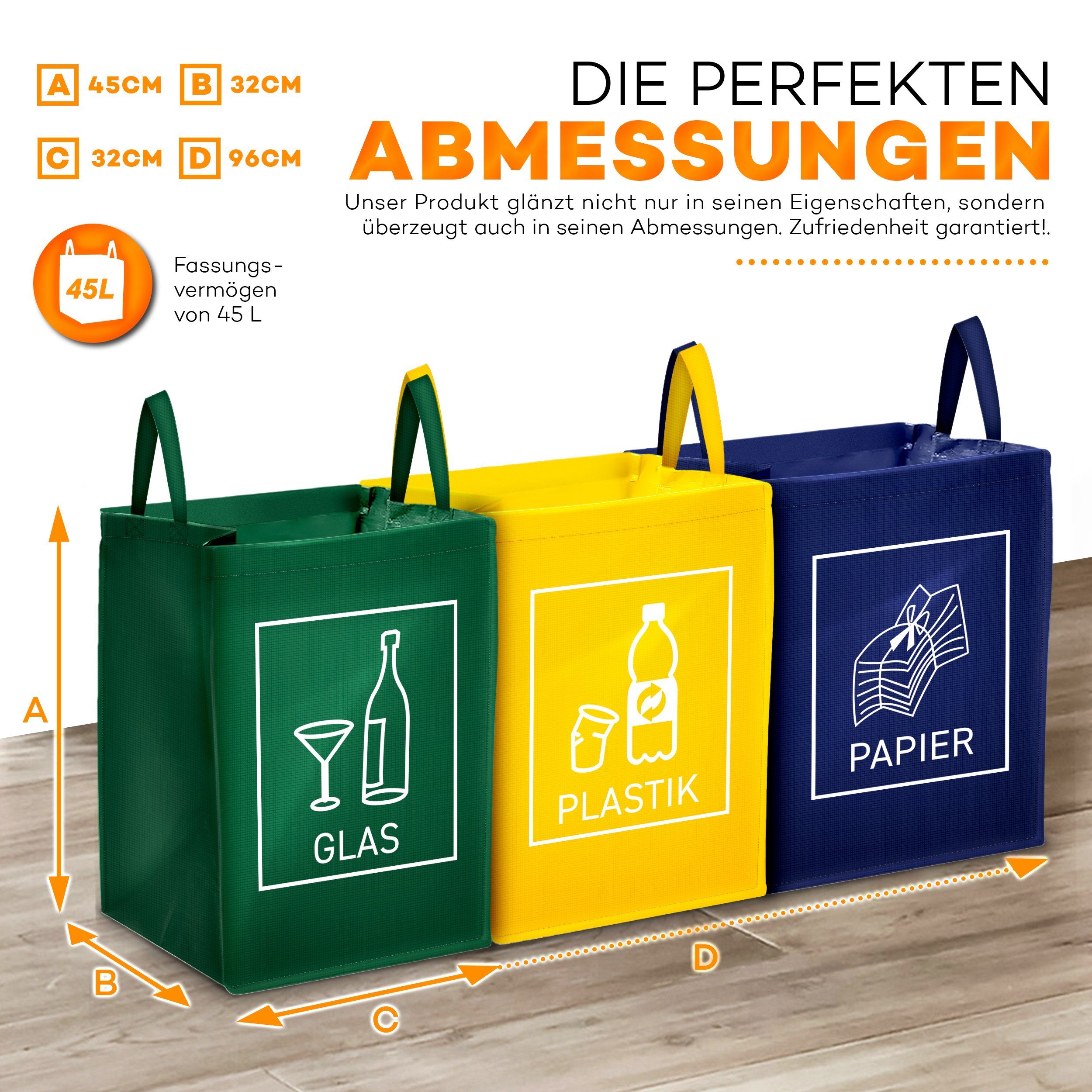 TRESKO Mülltrennsystem 3er Set Recycling Deutsch Mülltrenner Mülleimer Trennsystem – Bild 5 von 5
