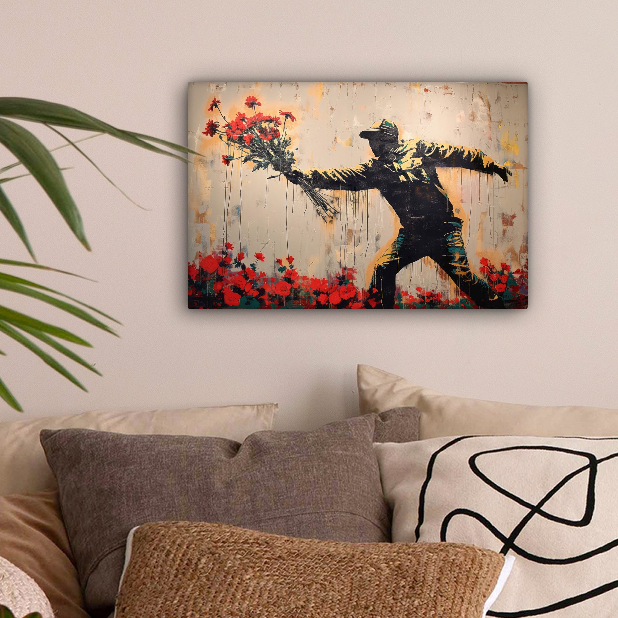 OneMillionCanvasses® Leinwandbild Straßenkunst - Mann - Blumen - Graffiti - günstig online kaufen
