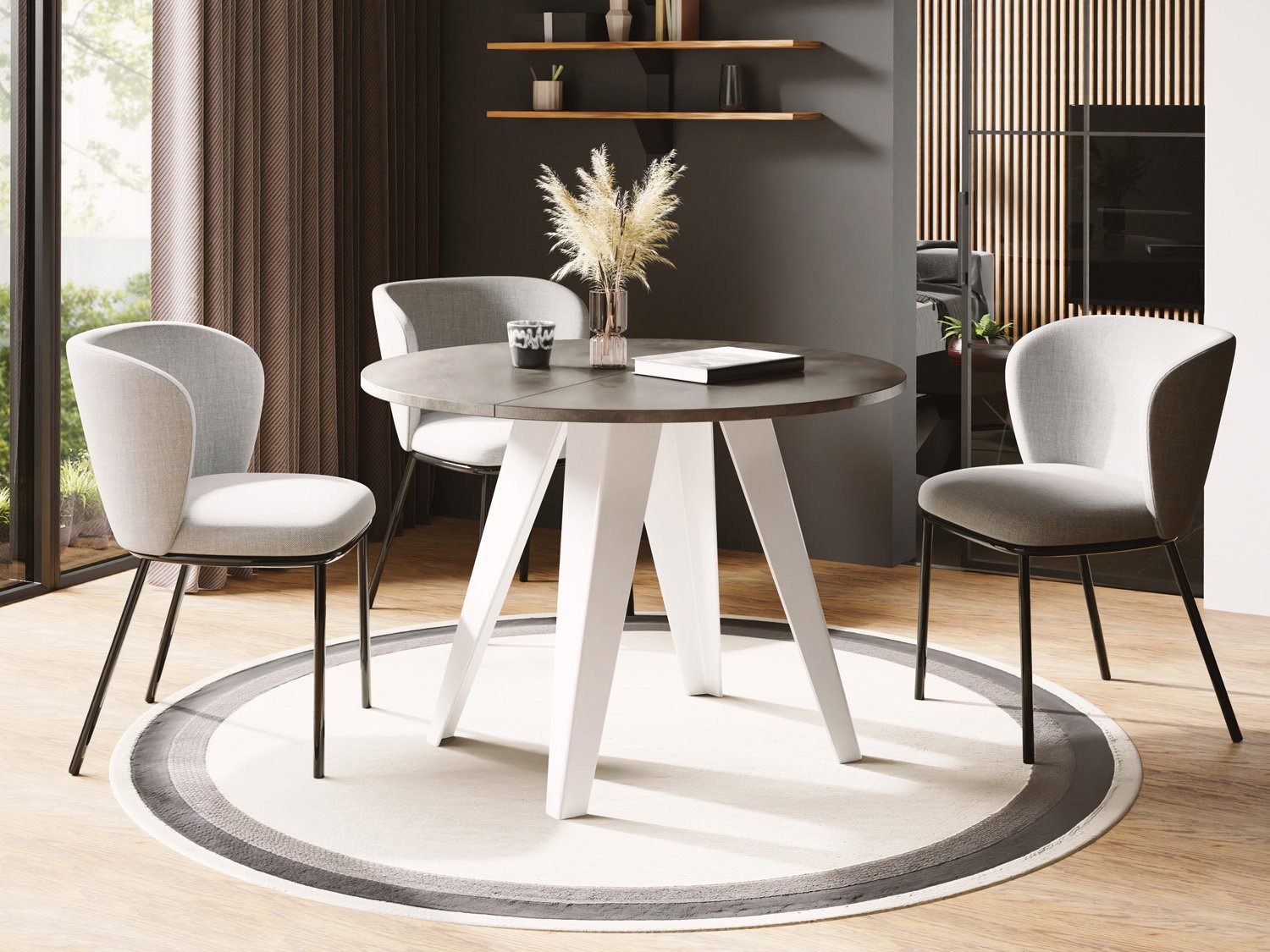 WFL GROUP Esstisch Griffin ausziehbar rund industrial mit weißen Metallgestell (MADE IN EU, erhältlich in zwei Größen – 90/100 cm, ausziehbar auf 130/140 cm), platzsparender Tisch für kleine Küche, Esszimmer oder Wohnzimmer