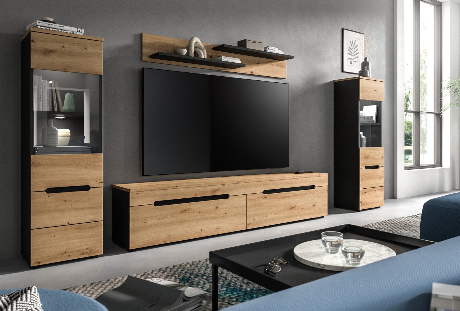 Inn.Furn Wohnwand Cooper, (Schrankwand in Eiche Artisan und Grau, 4-teilig, 270 cm), hängend oder stehend, Soft-Close