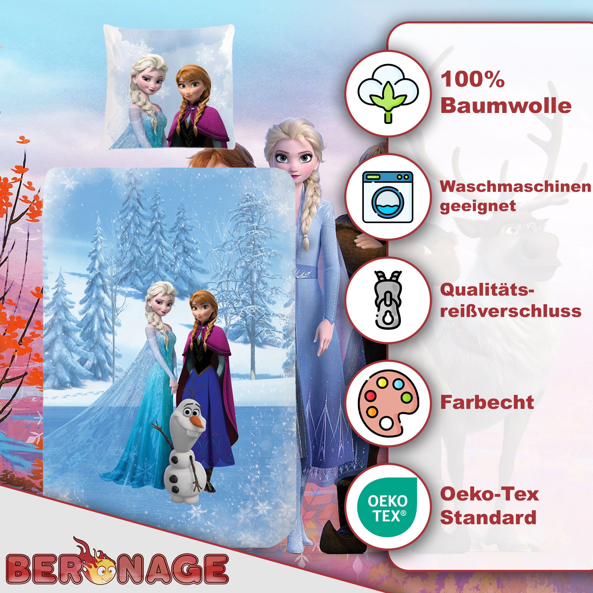 BERONAGE Kinderbettwäsche Frozen Die Eiskönigin Bettwäsche Sven Biber / Flanell, 100% Baumwolle, 2 teilig, 135x200 + 80x80 cm