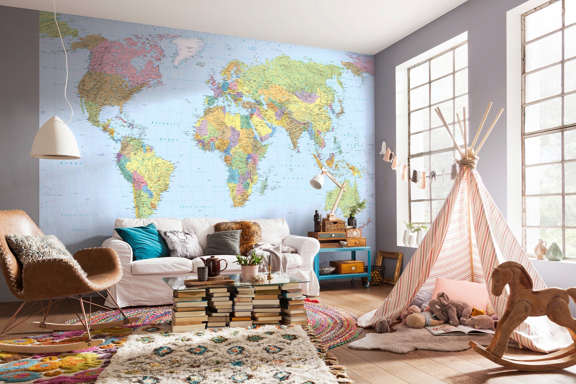 Komar Vliestapete Vlies - World Map - Größe 368 x 248 cm, glatt, bedruckt, (4 St), Wohnzimmer, Schlafzimmer