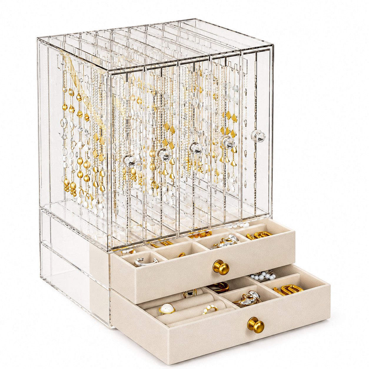 Fyrove Make-Up Organizer Transparenter Schmuckkasten groß, herausnehmbare Fächer für Damen, Set, Transparentes Material, Praktisches aufgeteiltes Innenlayout