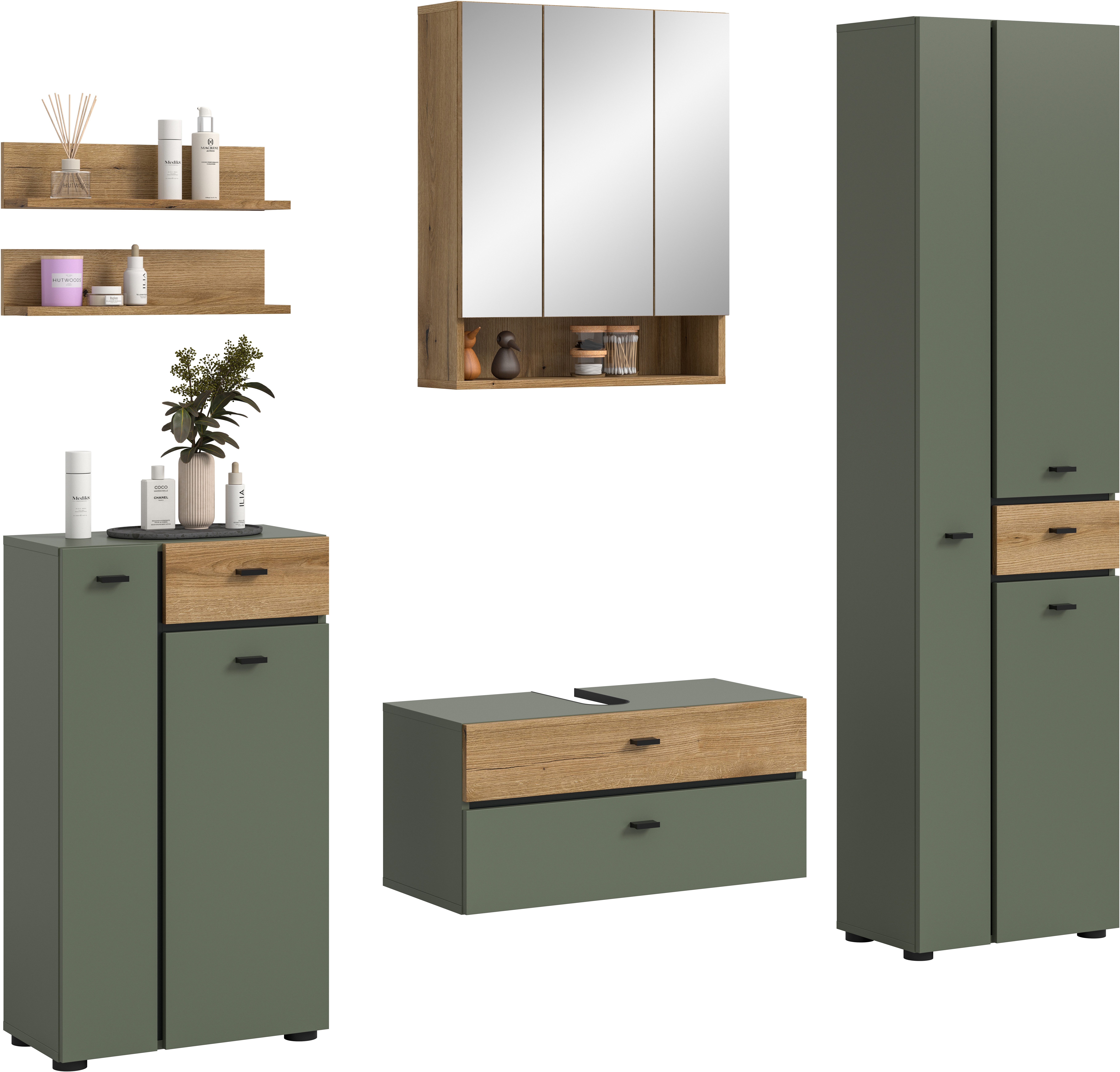welltime Badmöbel-Set VANN, 6-teilige moderne Badkombination, individuell stellbar, (6-St., Midischrank, 2er Set Wandregal, WBU, Spiegelschrank, Hochschrank), Bad-Kombination, Bad-Möbel, Badezimmer, Kombination, Kombi, Bad-Set