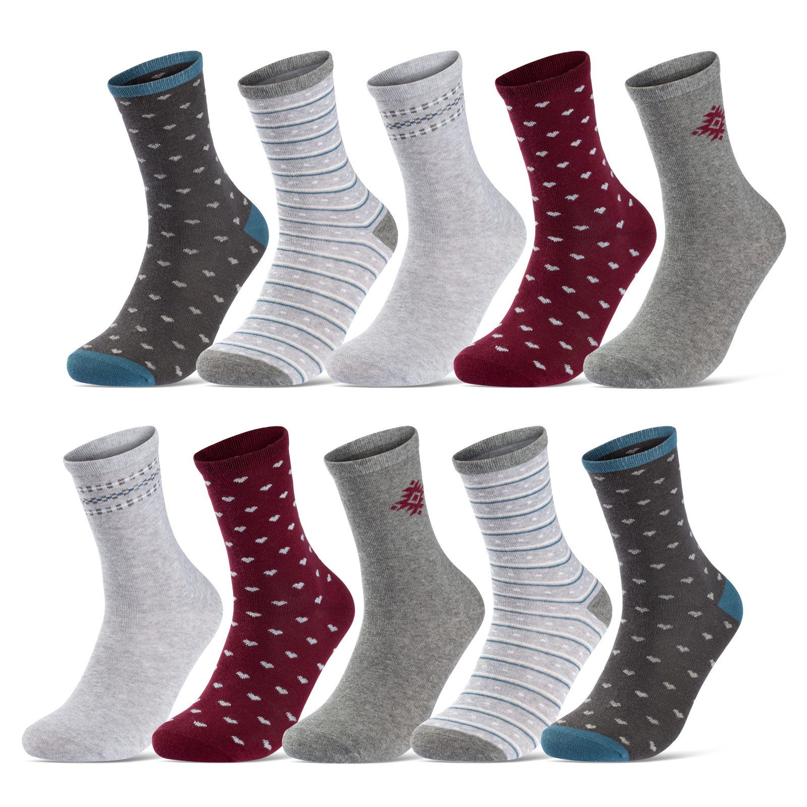 sockenkauf24 Basicsocken 10 Paar Damen Socken Mehrfarbig Streifen Punkte (34974/1, 35-38) Herzen Maritim Baumwolle