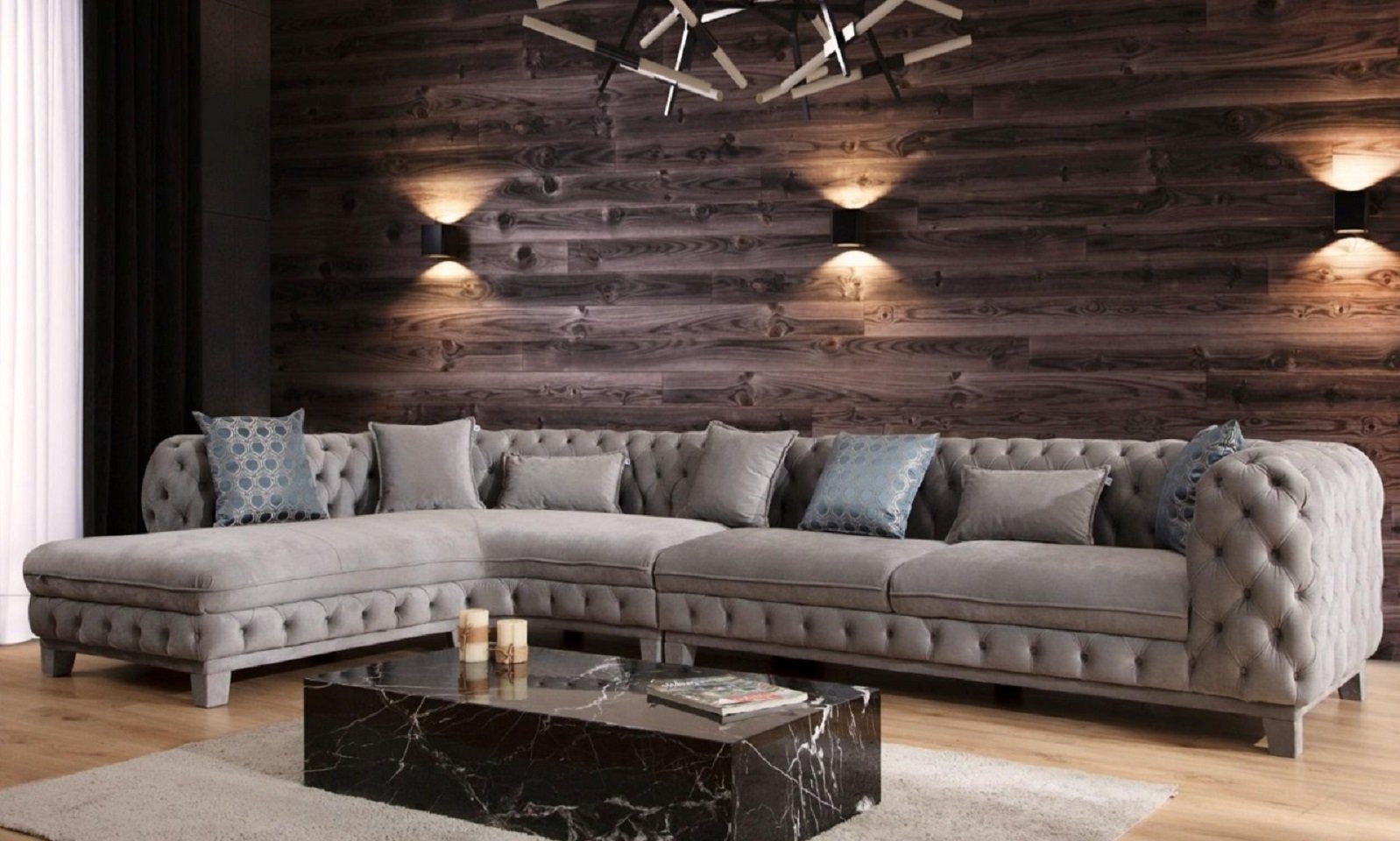 JVmoebel Ecksofa Grau Textil Teile, Sofa Made Ecksofa L-Form in Europe Design Modern Chesterfield 1 Neu