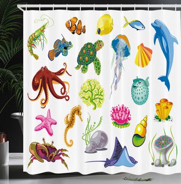 Abakuhaus Duschvorhang Moderner Digitaldruck mit 12 Haken auf Stoff Wasser Resistent Breite 175 cm, Höhe 180 cm, Marine Seetiere Octopus Fisch