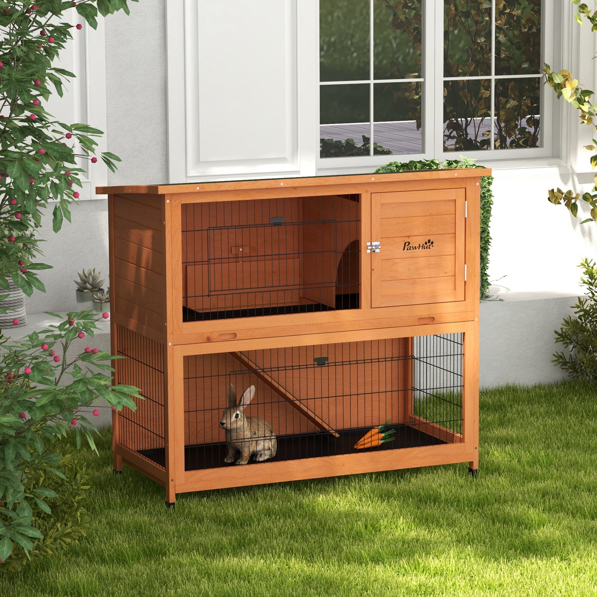 PawHut Kleintierstall Hasenstall 2 Etagen Kaninchenstall aus Holz, für 2 Kaninchen Orange 123 x 63 x 112 cm