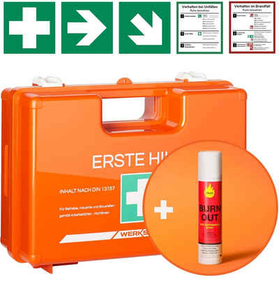 Werkstein Erste-Hilfe-Koffer inkl. 250ml Feuerlöscherspray, Wandhalterung, 5x Aufkleber & Plombe, Mit Inhalt nach DIN 13157:2021