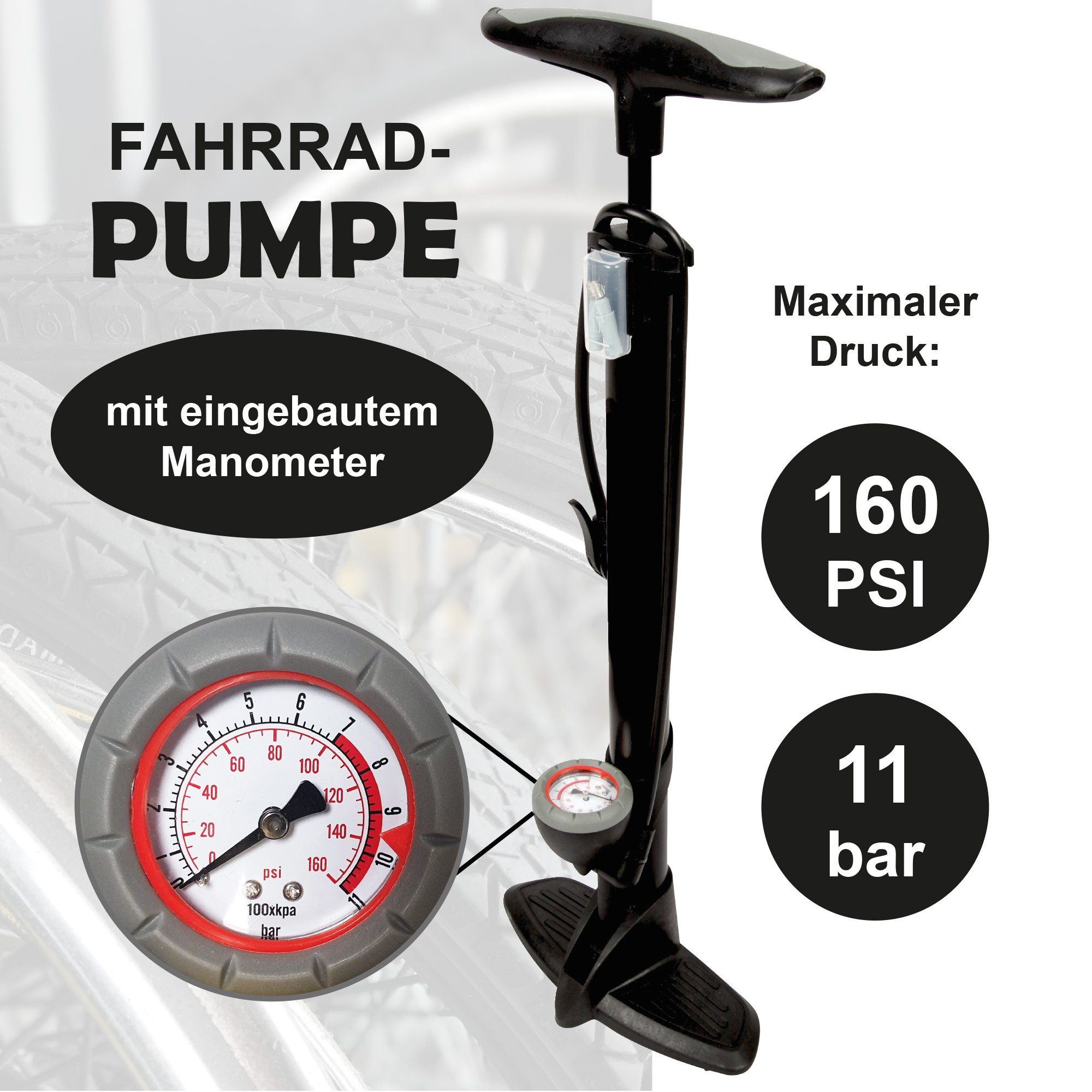 Bestlivings Standpumpe LP-05228 (inkl. Ventiladapter), Standpumpe mit Manometer für alle Ventile (11 bar / 160 psi)