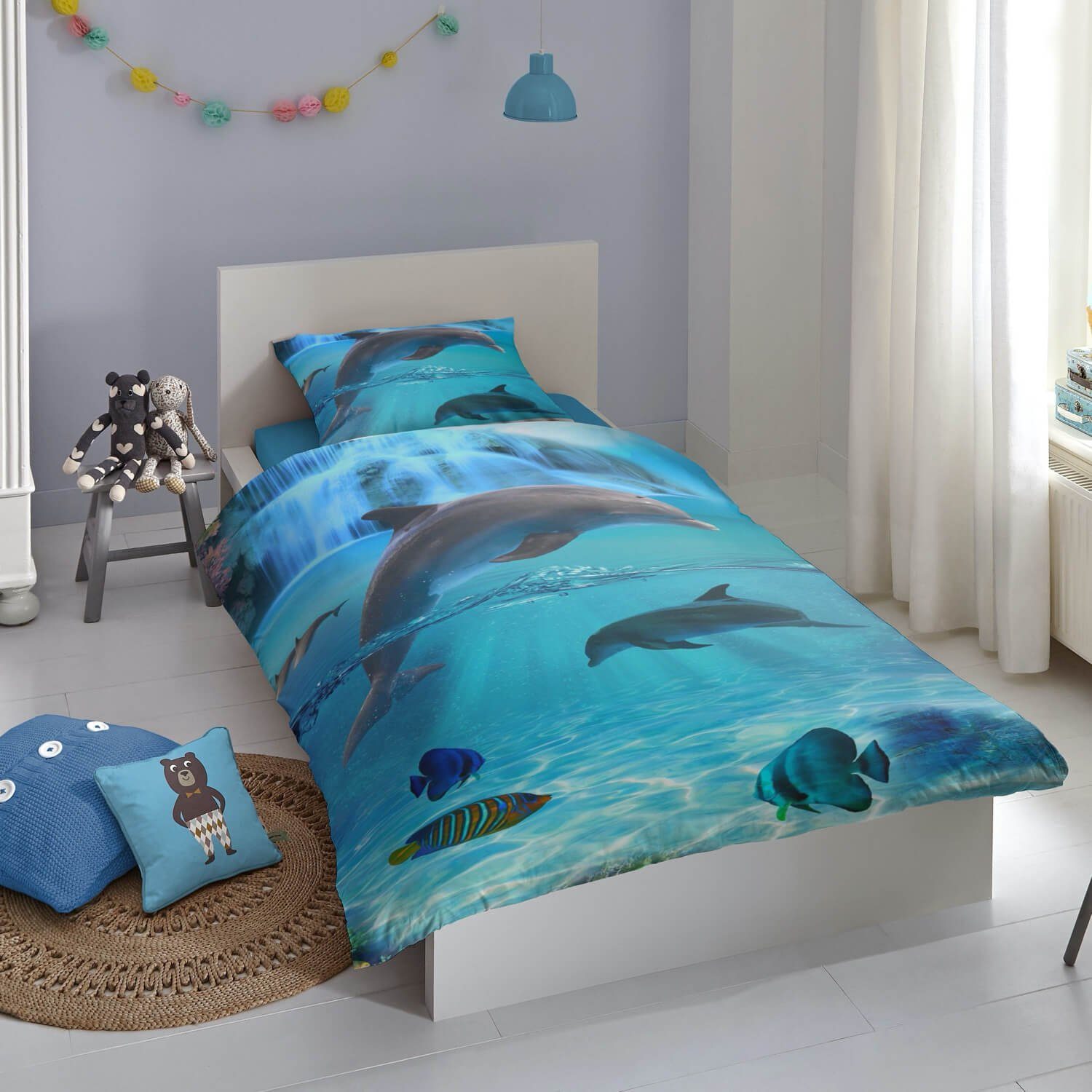 good morning Bettwäsche Delfine Will 5586, Baumwolle, 2 teilig, Delfine, Wasserfall, Meer, Fische – Bild 5 von 5