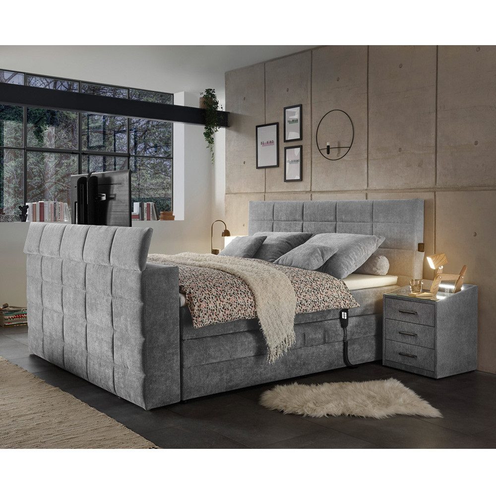 Lomadox Boxspringbett DURAZNO-09, 180x200cm, dark grey, TV-Halterung, Bettkasten, 2 Nachtschränke