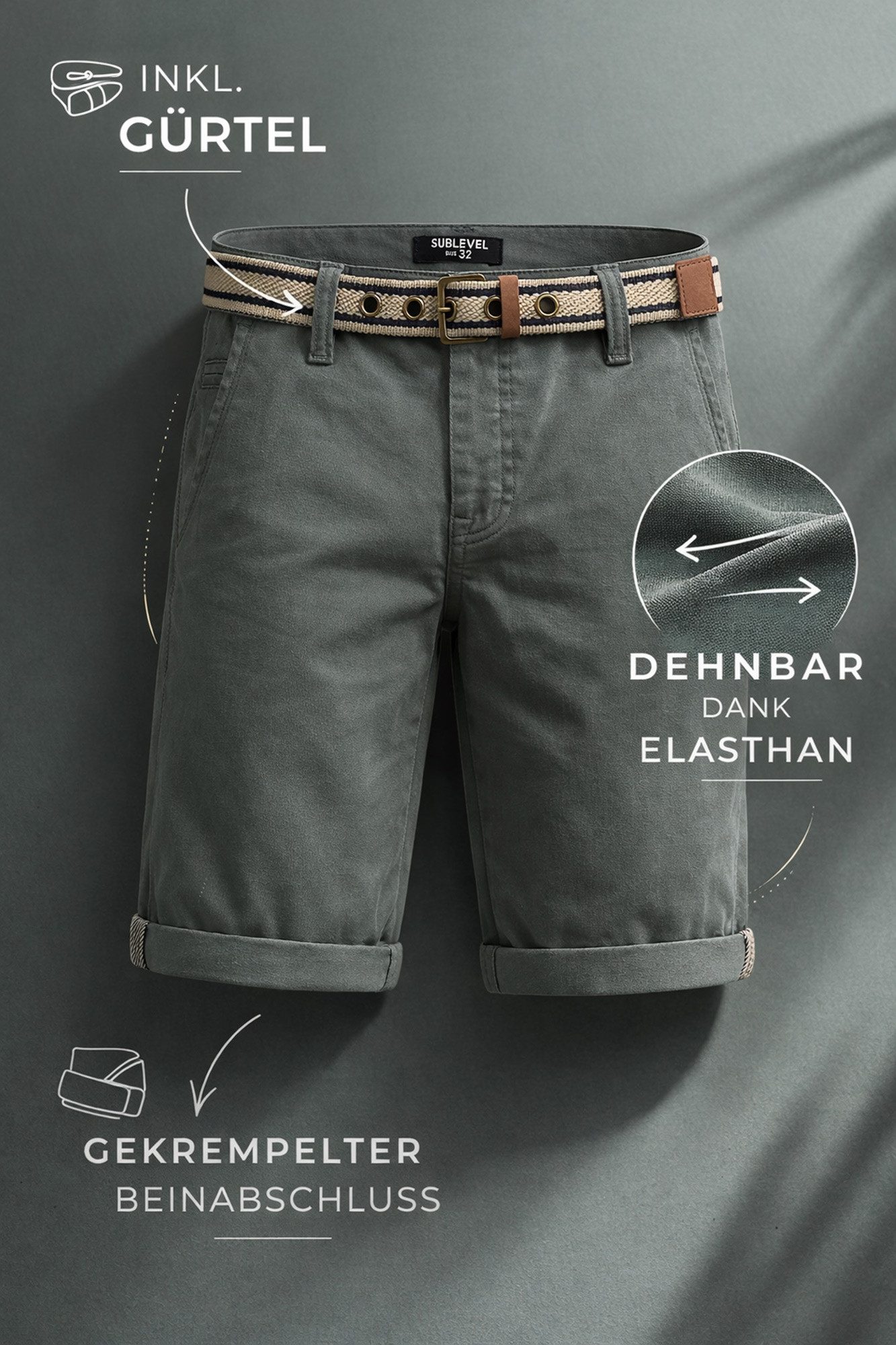 SUBLEVEL Shorts Herren Chino Shorts Jeans Flex Dehnbar Frühling Sommer Dehnbar Stretch Baumwolle