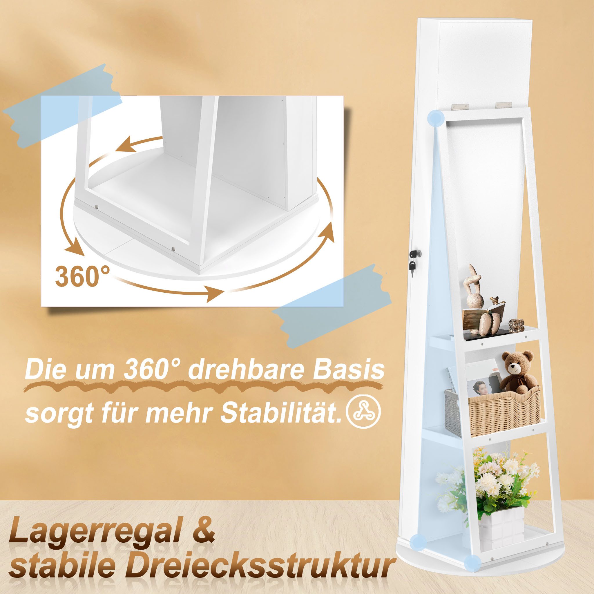 FIVMEN Schmuckschrank Spiegelschrank zur Aufhängen Hängend Abschließbar 2 in 1 Drehbare Halterun Wandspiegel und Schmuck Organizer Weiß/Schwarz