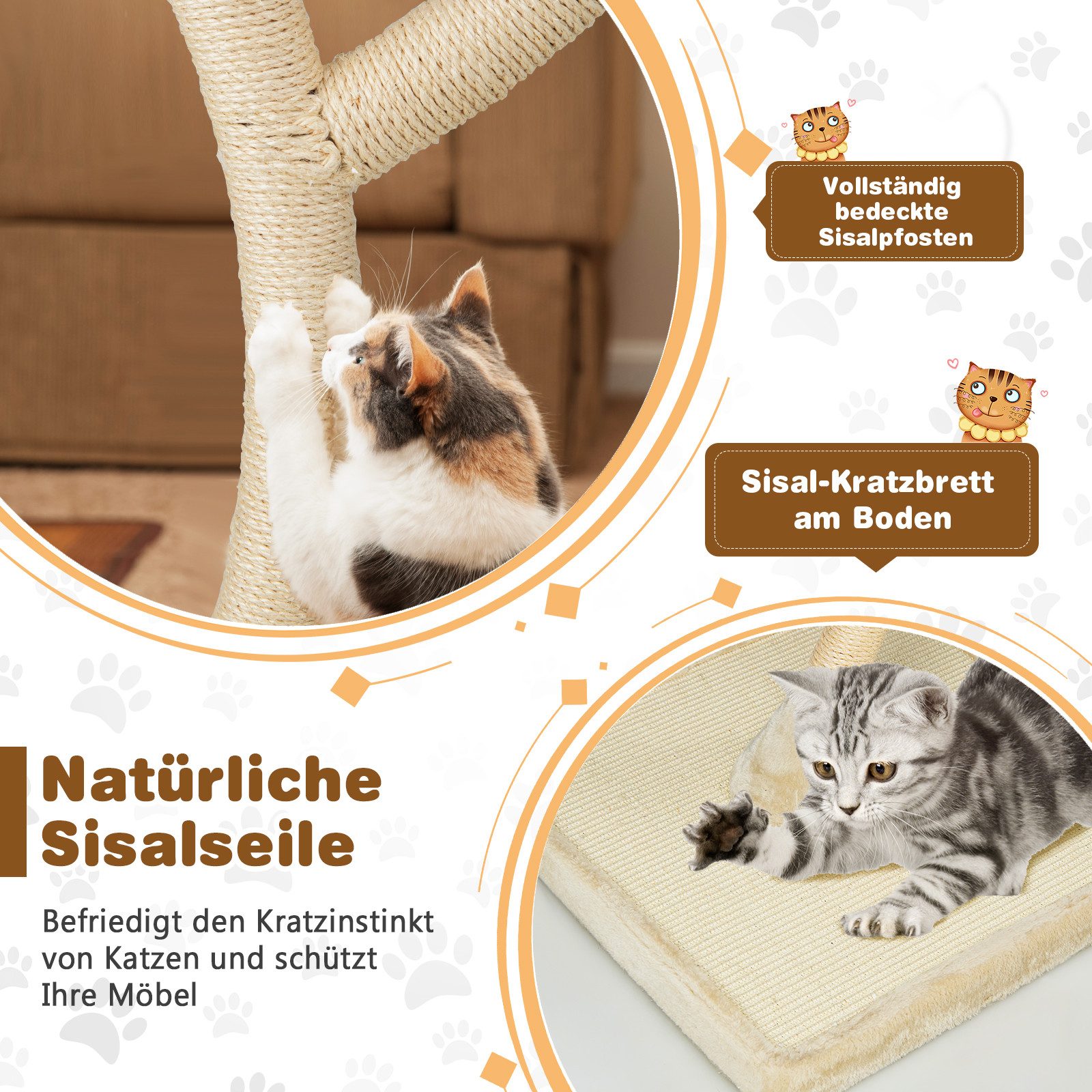 KOMFOTTEU Kratzbaum Katzenkratzbaum, mit 3 warmen Liegeflächen, 3 klingelnden Bällen