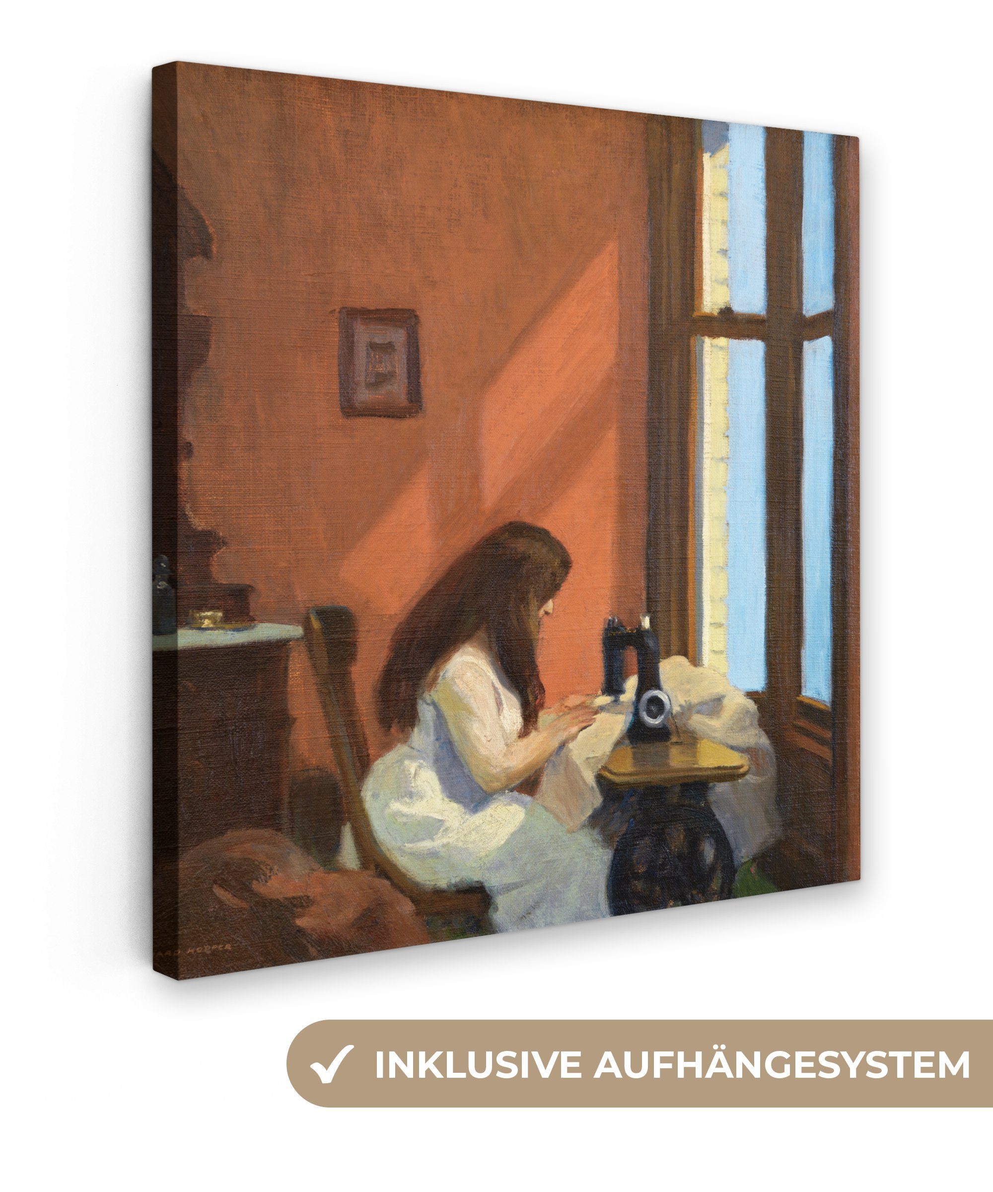 OneMillionCanvasses® Leinwandbild Mädchen an der Nähmaschine - Edward Hopper, (1 St), Leinwand Bilder für Wohnzimmer Schlafzimmer, 20x20 cm