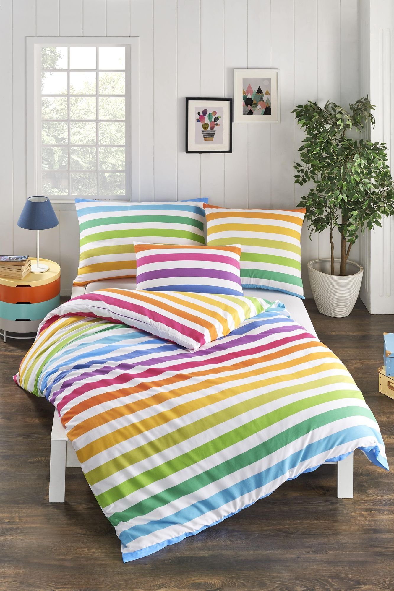 Kinderbettwäsche Renforce Bettwäsche Set 2 tlg.Rainbow 135 x 200 cm 80 x 80 cm, KK