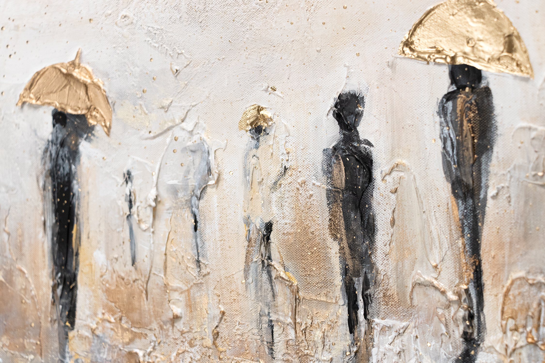 Leinwand YS-Art Handgemalt Gemälde Regenschirm mit Rahmen Bild Menschen Sommerregen, Gold