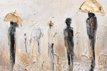 YS-Art Gemälde Sommerregen, Leinwand Bild Handgemalt Menschen Regenschirm Gold mit Rahmen