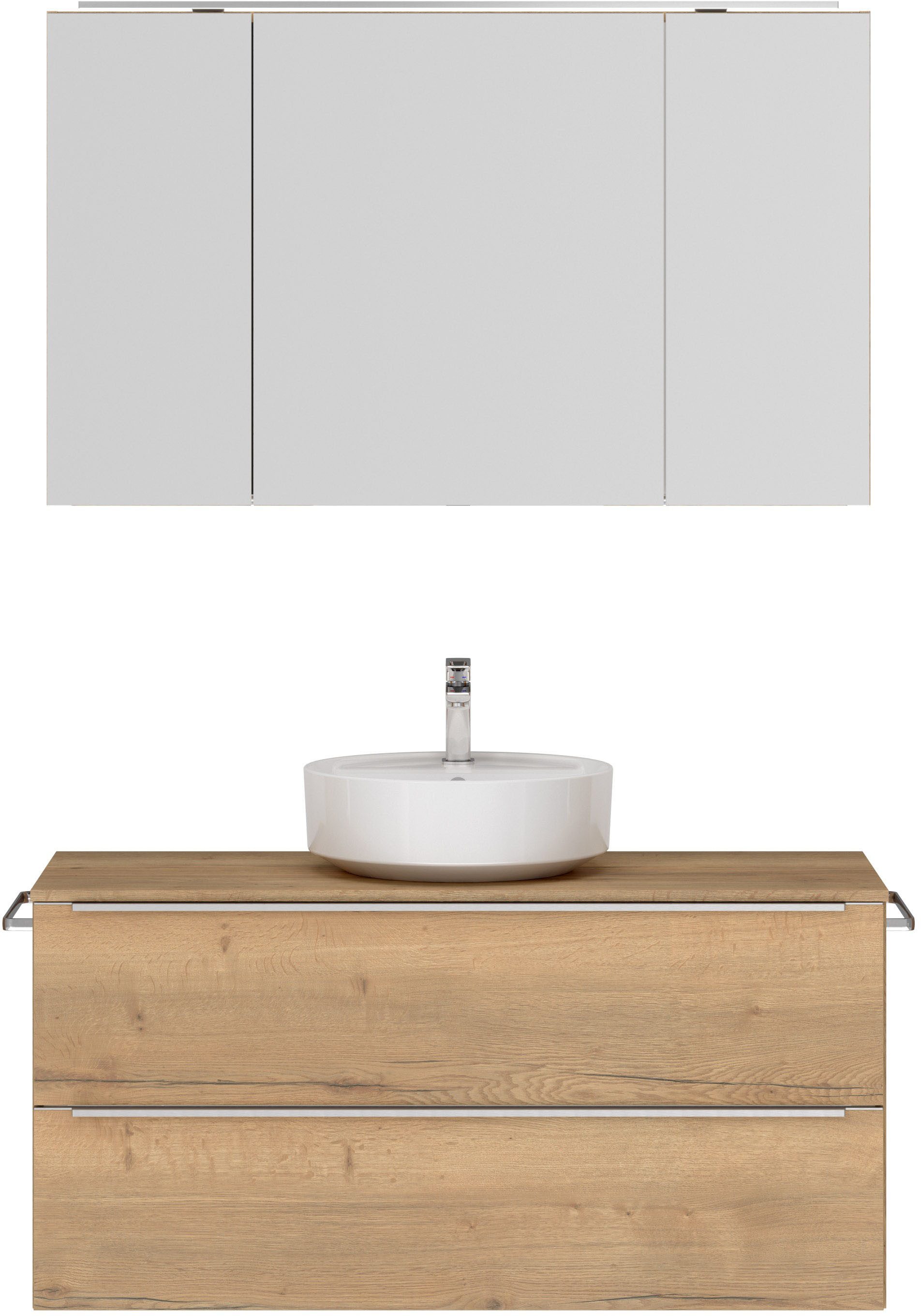 nobilia® Badmöbel-Set Alvene, (2-St., vormontiert, mit Soft-Close), inkl. Spiegelschrank mit Beleuchtung und Dimmerfunktion, in 4 Breiten