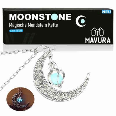 MAVURA Kette mit Anhänger MOONSTONE Magische Mondkette Mondstein Halskette Halbmond, Schmuck Mond Kette Geschenk Glow in the Dark leuchtend
