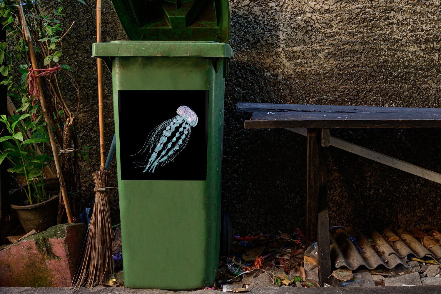 Mülleimer-aufkleber, MuchoWow Sticker, Hintergrund St), Qualle auf (1 Illustration Container, Eine schwarzem einer Wandsticker Mülltonne, Abfalbehälter