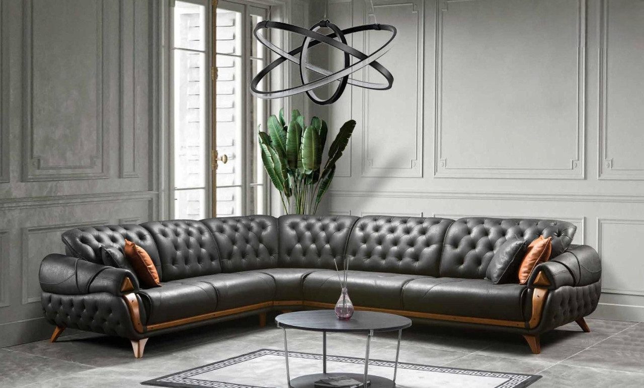 Xlmoebel Ecksofa Schwarzes Ledersofa in L-Form mit hochwertiger Polsterung, Hergestellt in Europa