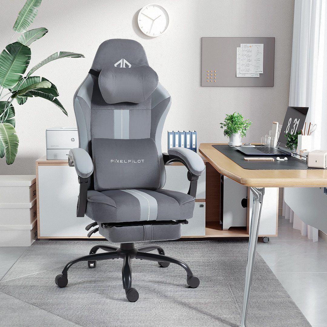 PixelPilot Gaming Chair PixelPilot Ergonomischer Gaming-Stuhl mit Fußstütze, breite Sitzfläche, Atmungsaktiver Stoff, Ergonomisches Design