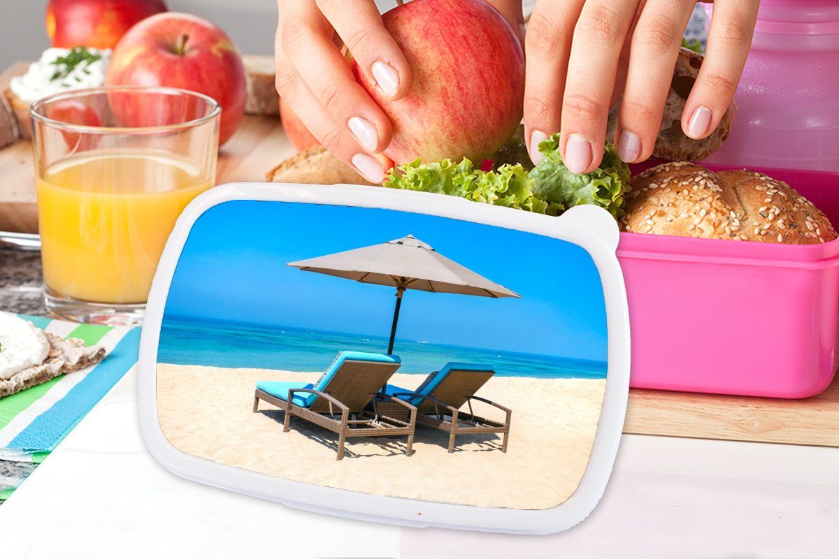 Sommer rosa - Kunststoff Kunststoff, MuchoWow - Snackbox, Sonnenschirm Brotdose Kinder, Meer, Lunchbox Mädchen, - Brotbox für (2-tlg), Strandkorb Erwachsene,
