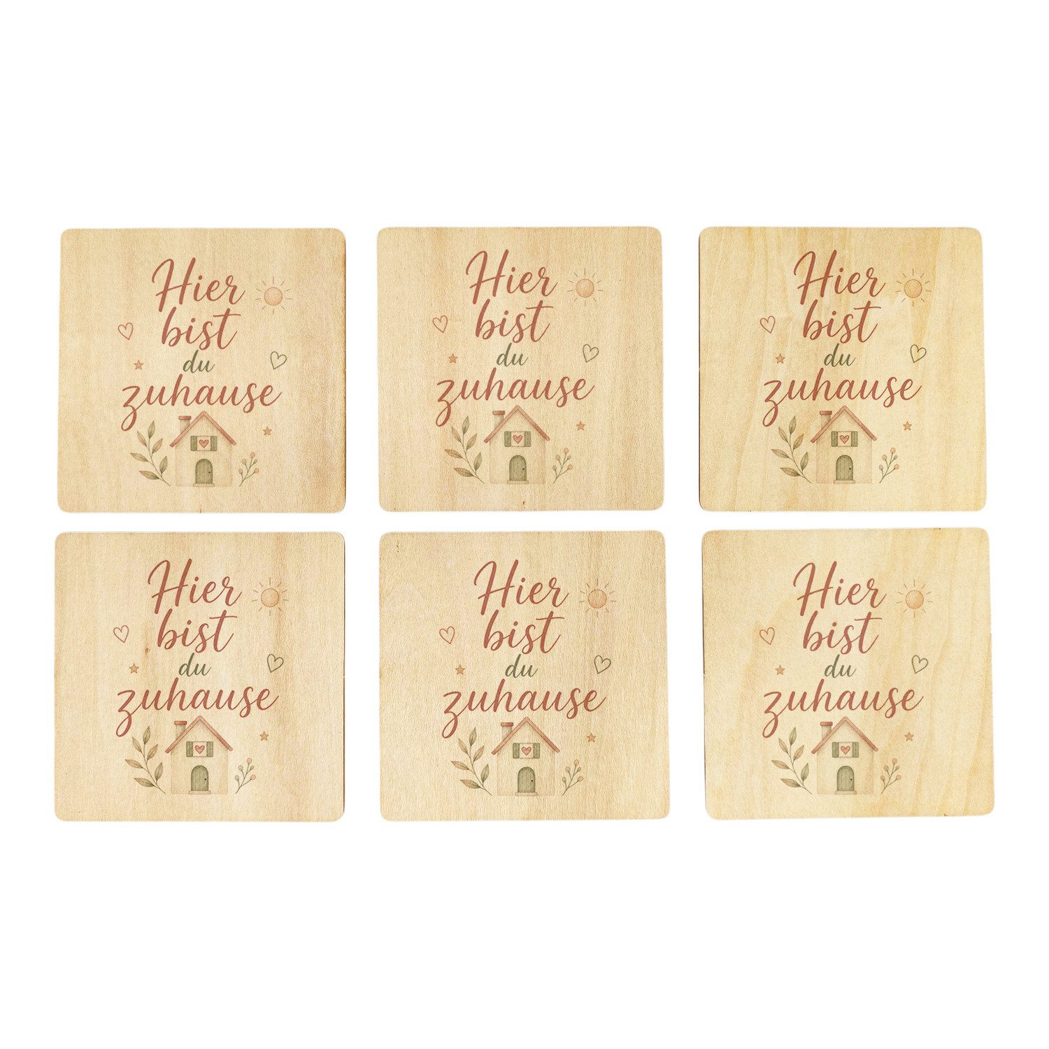 speecheese Glasuntersetzer 6er Set Untersetzer Holz Hier bist du zuhause Hausspruch Mit Spruch: