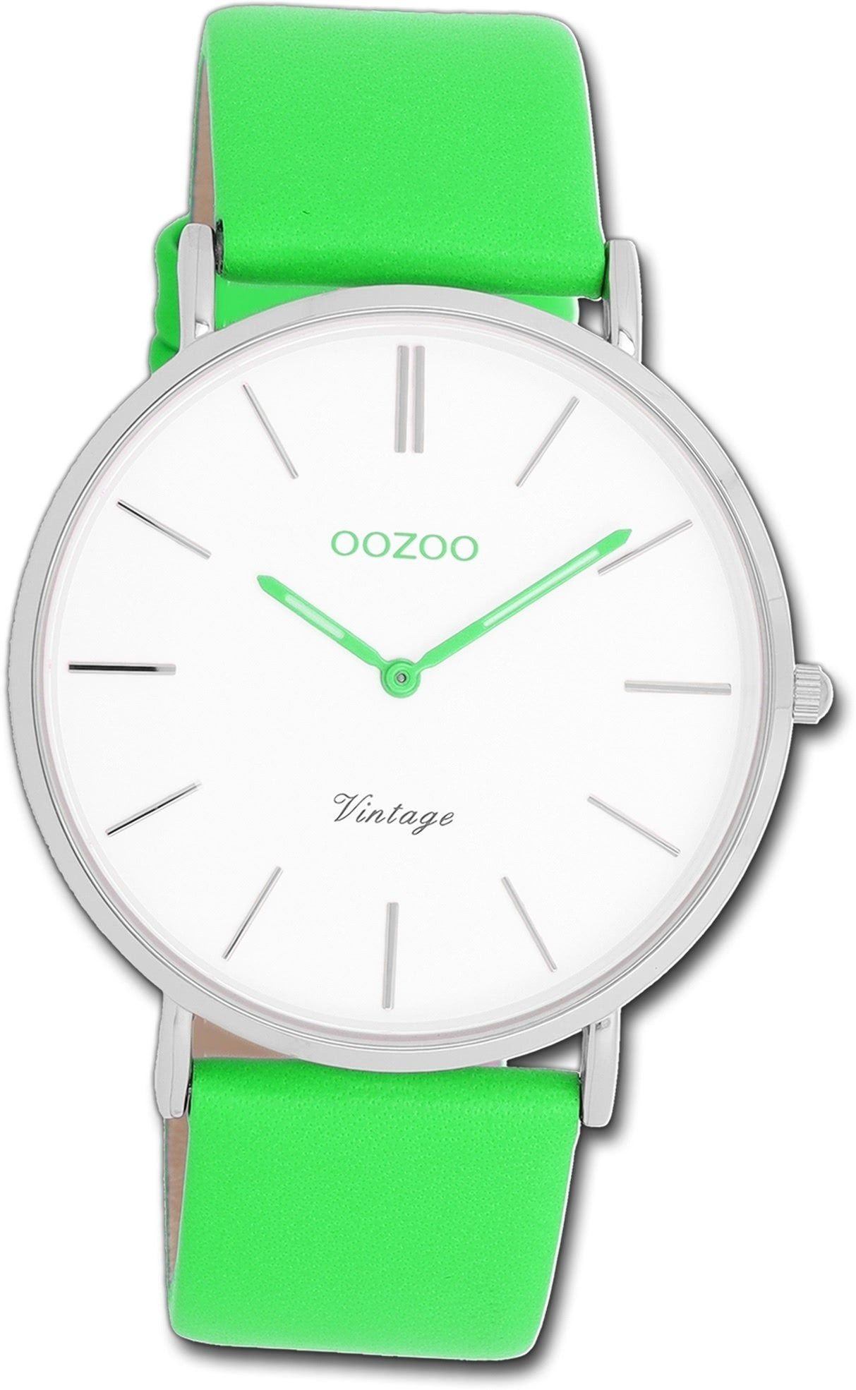 OOZOO Quarzuhr Oozoo Damen Armbanduhr Vintage grün, Damenuhr Lederarmband grün, rundes Gehäuse, groß (ca. 40mm)