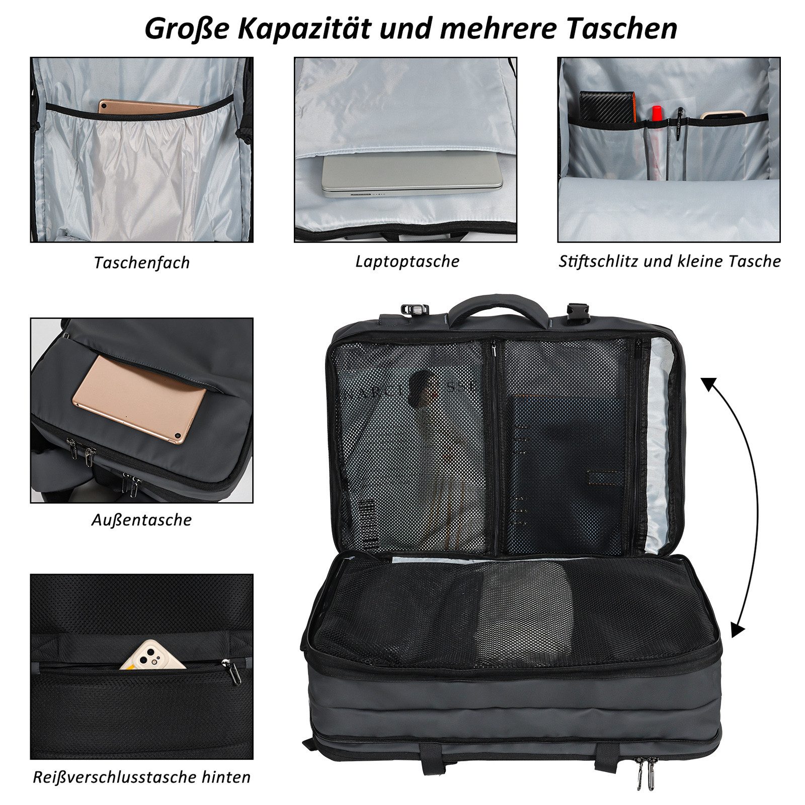 TAN.TOMI Reiserucksack 50L Handgepäck Reiserucksack Flugzeug, Groß 17 Zoll Laptoprucksack (Erweiterbar Diebstahlsicher Wasserabweisend Daypack), Business Reiser – Bild 5 von 5