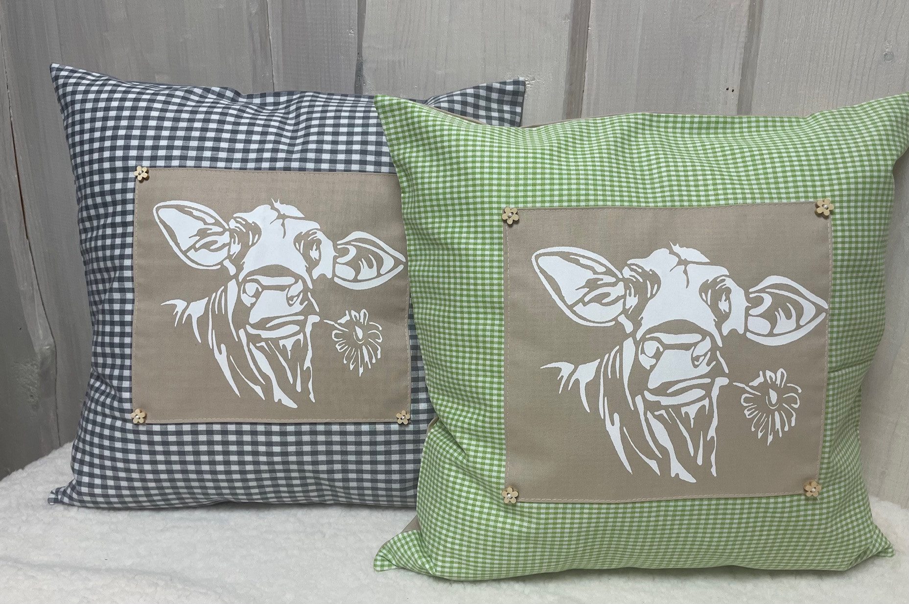 Ammerkind Dekokissen Landhausstil Kissenbezug *Kuh* grün/beige kariert, Kissenhülle ohne Füllung, In Deutschland hergestellt, 100% Handarbeit