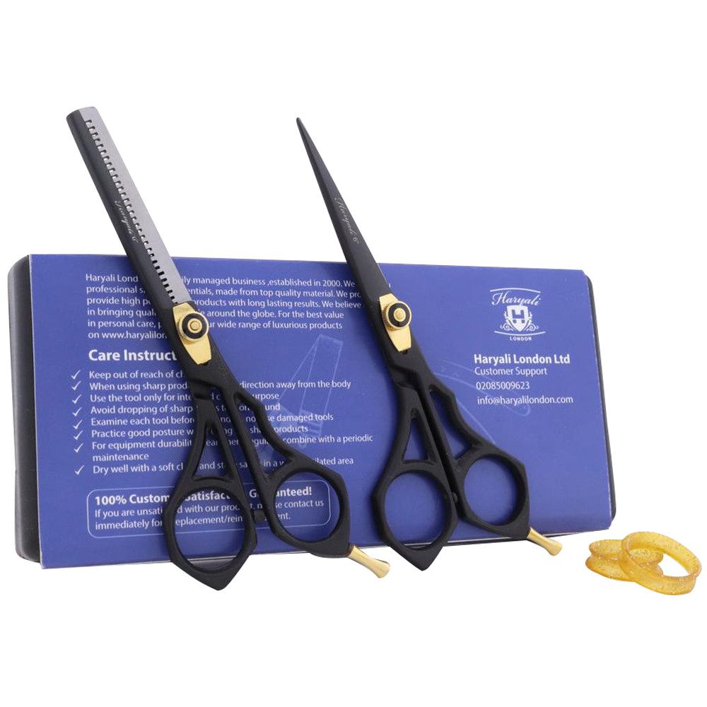 Haryali London Haarschere Schwarzes Friseurscheren-Set, 6,5 Zoll, schwarz und gold, Schutzhülle, (1x Schutzhülle aus Kunststoff, 1x Effilierschere, 1x Schneideschere), Premium schwarze 6,5 Zoll scharfe Klinge, langlebiges Kampfmittel