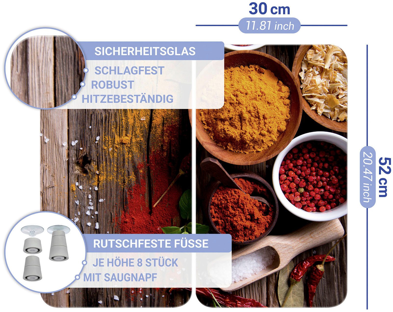 WENKO Herd-Abdeckplatte Universal Modell Gewürze, Glas, (Set, 2 tlg), Herdabdeckung für alle Herdarten, kratzfest, mit rutschfesten Füßen