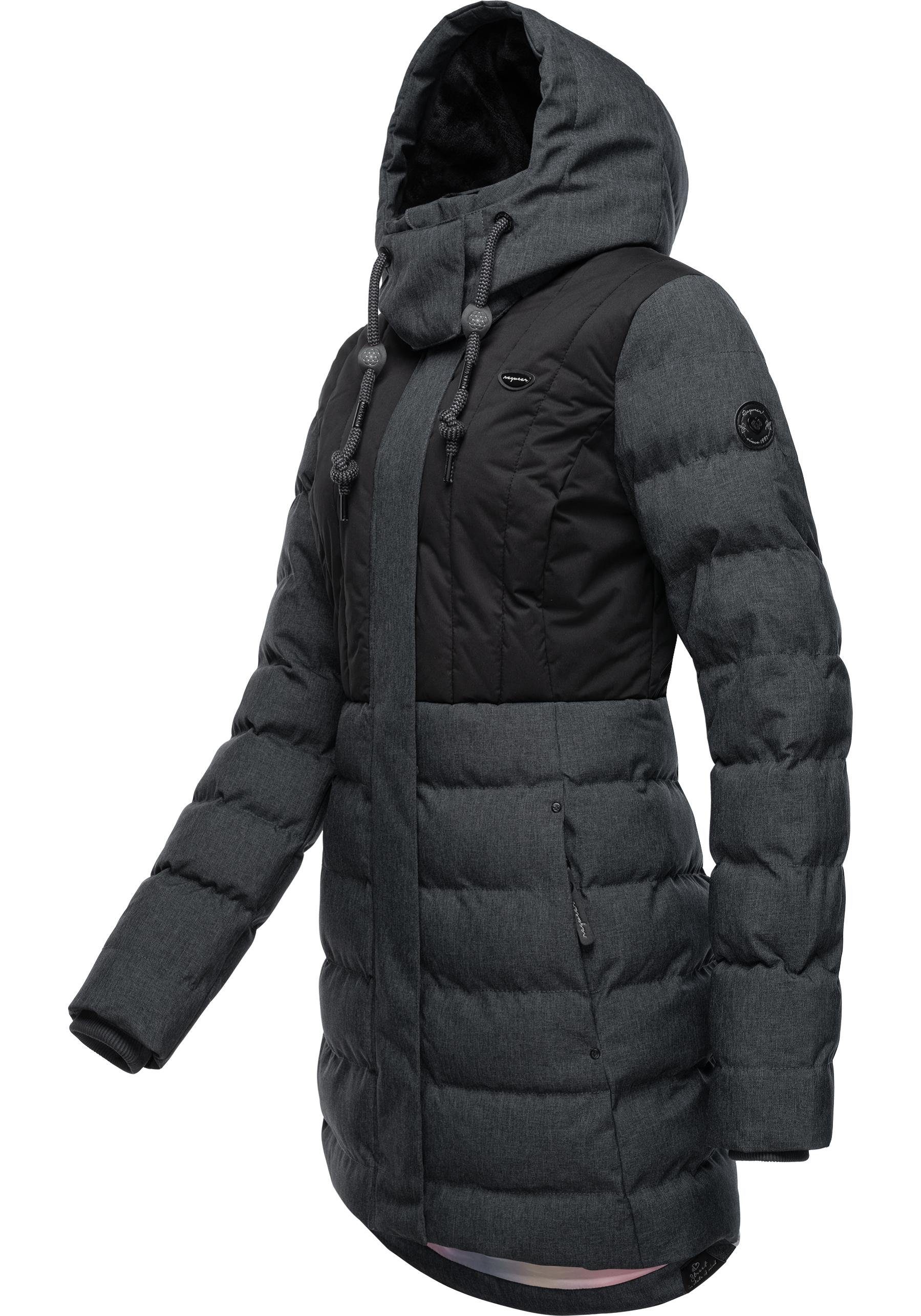 Ashanta stylischer, gefütterter Winterparka dunkelgrau Block gesteppter mit Winterjacke Ragwear Kapuze