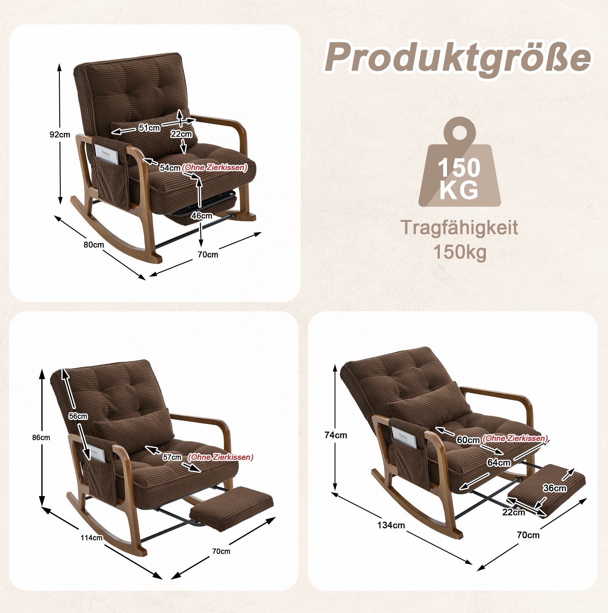 REDOM Loungesessel Schaukelstuhl mit verstellbarer Lehne & Fußstütze (Cord Sessel mit Lendenkissen, Seitentaschen & weichem Polster), Polsterstuhl Relaxsessel