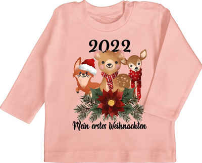 Shirtracer T-Shirt »2022 Mein erstes Weihnachten mit süßen Tieren - schwarz - Weihnachten Kleidung Baby - Baby T-Shirt langarm« baby tshirt weihnachtskleinigkeit - langarm x mas - weihnachtpullor