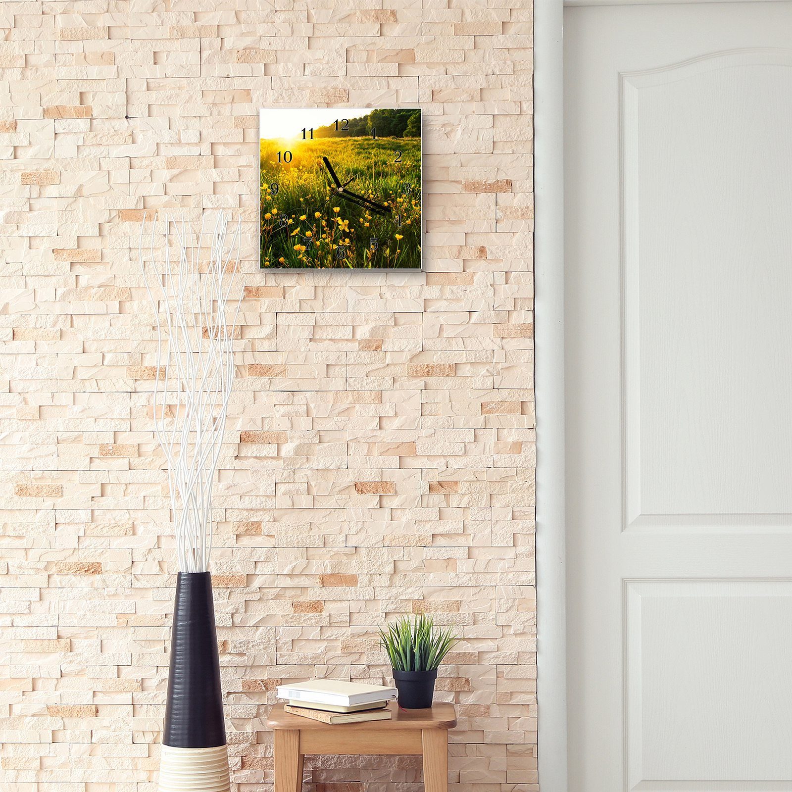 cm Wanduhr 30 x Motiv Größe Frühlingsblumen Glasuhr mit Wanduhr Sonne 30 in Wandkunst Primedeco