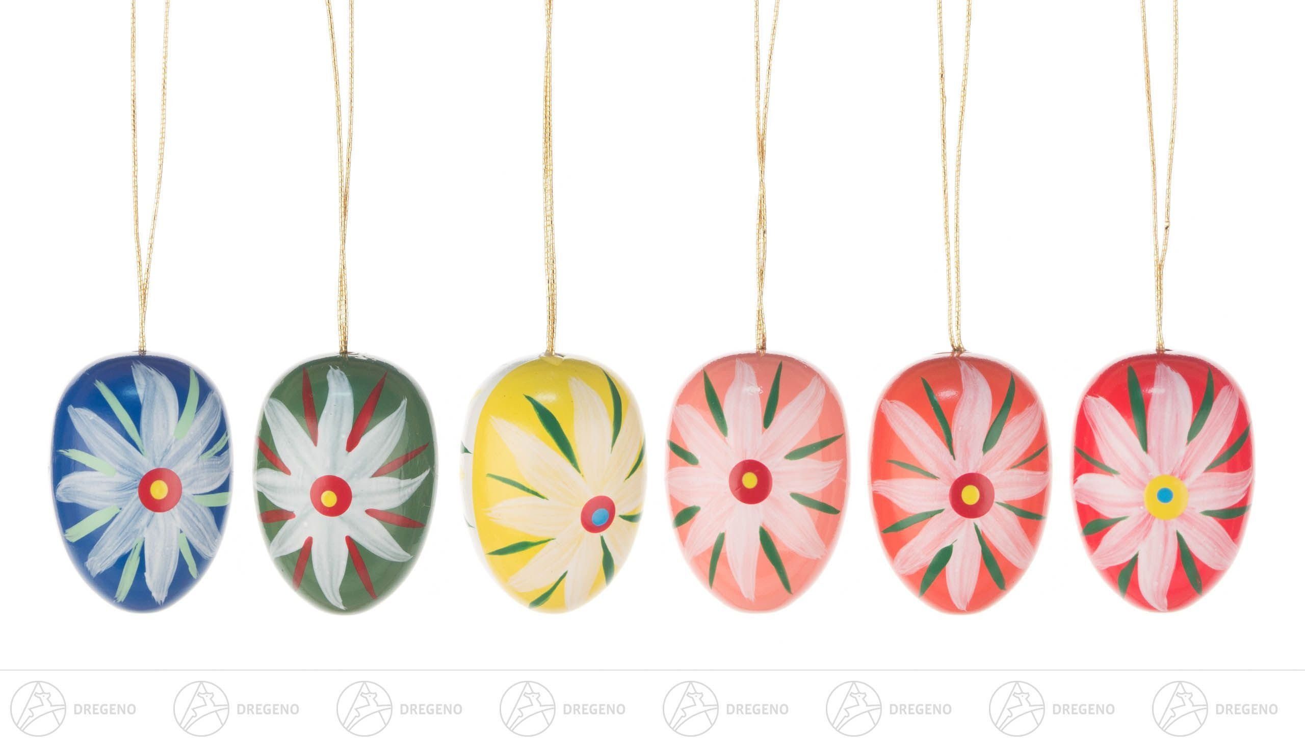 Dregeno Erzgebirge Osterei Ostern & Frühjahr Behang Ostereier mit Blumen (6) Höhe ca 3 cm NEU