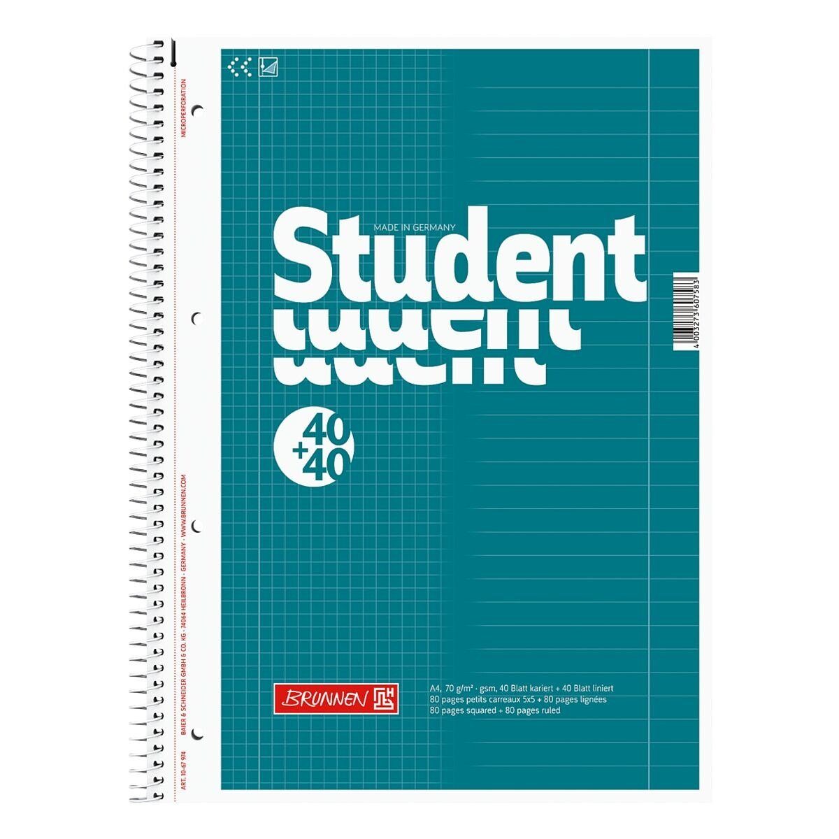 BRUNNEN Collegeblock Student Duo, A4 kariert und liniert, 80 Blatt, 4-fach Lochung, 70 g/m²