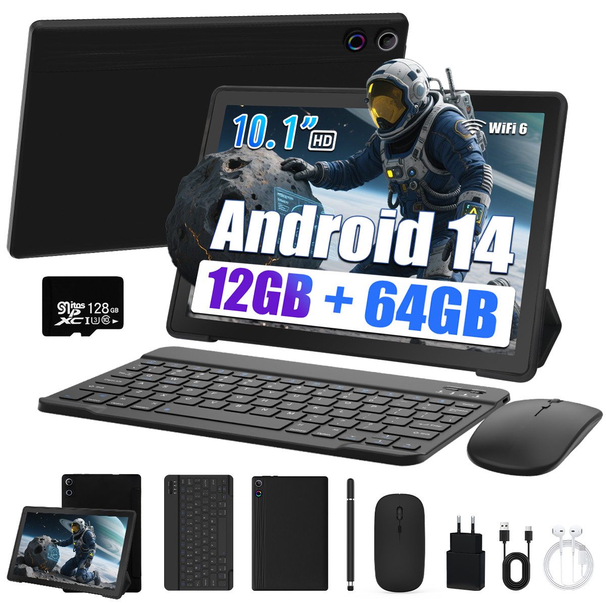 BUFO 10'' Android 14 8-Kern-Prozessor 64GB mit Tastatur Stift Maus Hülle Tablet (10", 64 GB, Android 14, WiFI 6, 5000mAh, mit Tastatur/Stift/Maus/Hülle/Kopfhörer/microSD Karte 128GB)