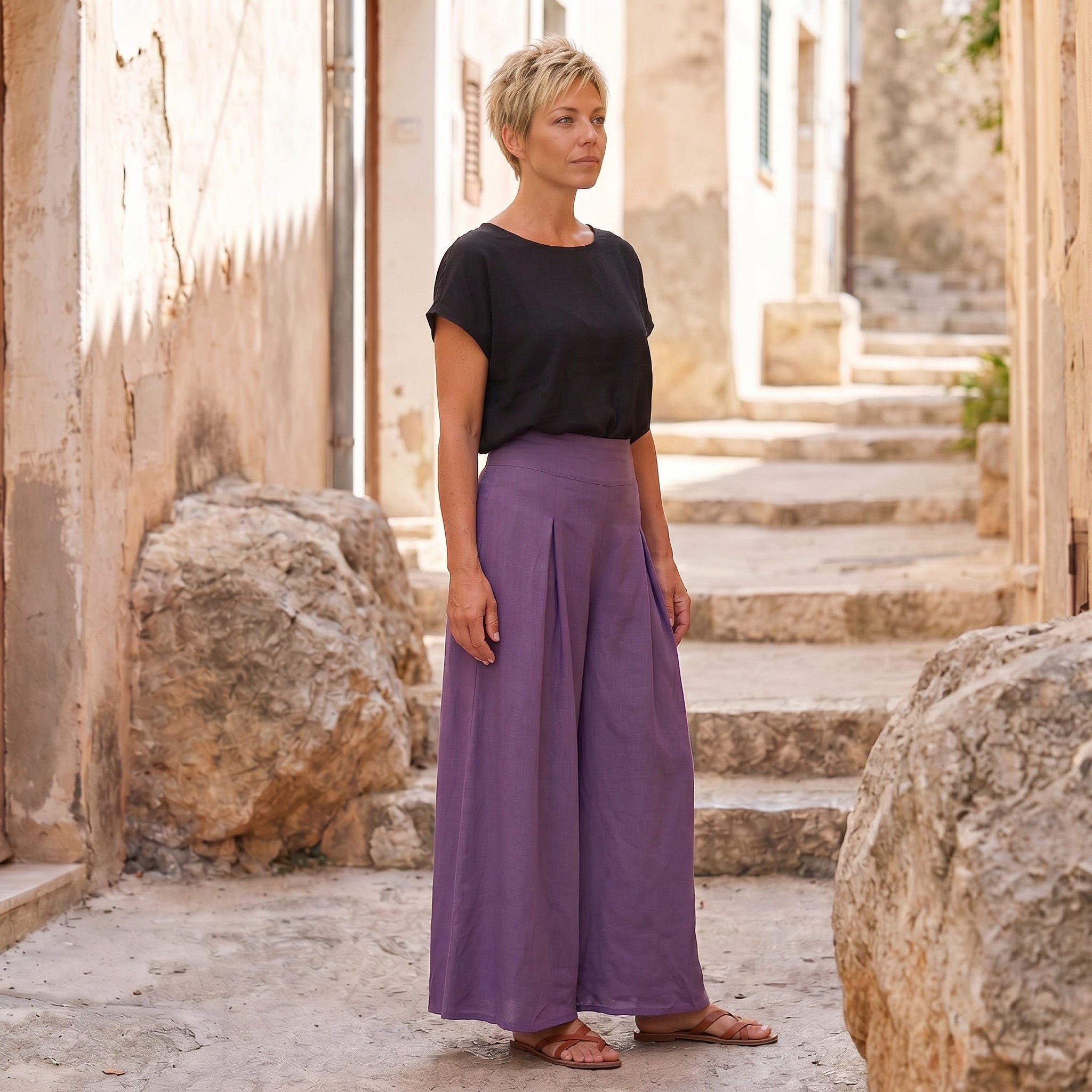 Guru-Shop Relaxhose Boho Hosenrock, weite Sommerhose - flieder Ethno Style, alternative Bekleidung